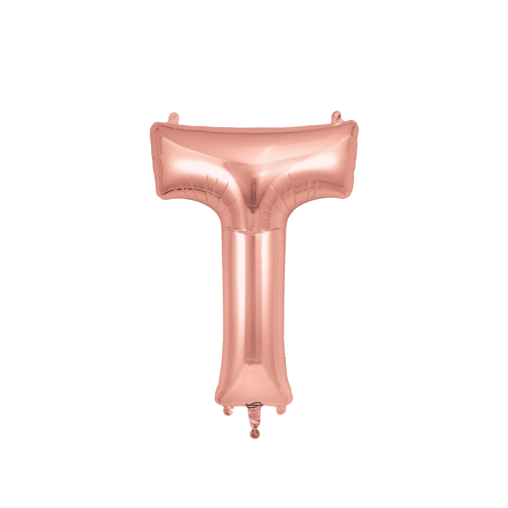 Rose gold 34in letter T foil balloon for birthday, wedding, and anniversary party – from Parte Haus party supply store in Bethesda, MD.