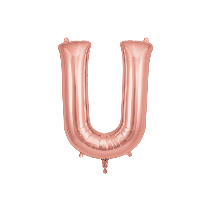 Rose gold 34in letter U foil balloon for birthday, wedding, and anniversary party – from Parte Haus party supply store in Bethesda, Maryland.
