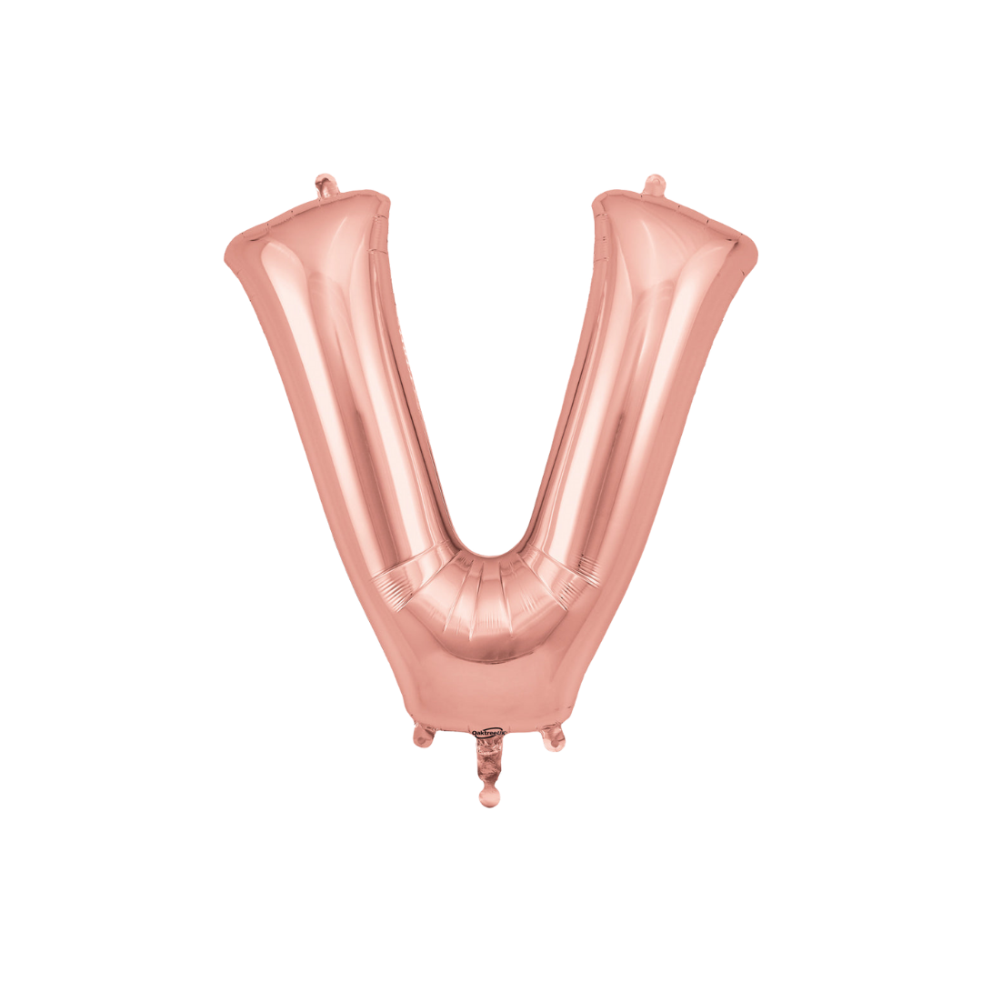 Rose gold 34in letter V foil balloon for birthday, wedding, and anniversary party – from Parte Haus party supply store in Bethesda, MD.