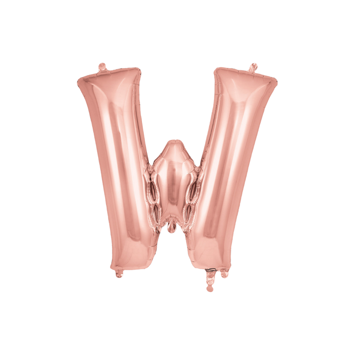 Rose gold 34in letter W foil balloon for birthday, wedding, and anniversary party – from Parte Haus party supply store in Bethesda, Maryland.