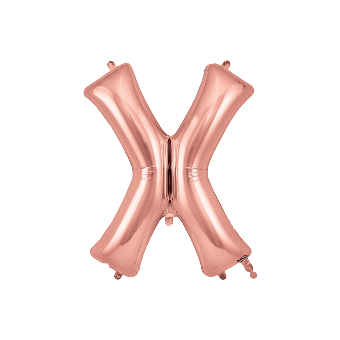 Rose gold 34in letter X foil balloon for birthday, wedding, and anniversary party – from Parte Haus party supply store in Bethesda, MD.