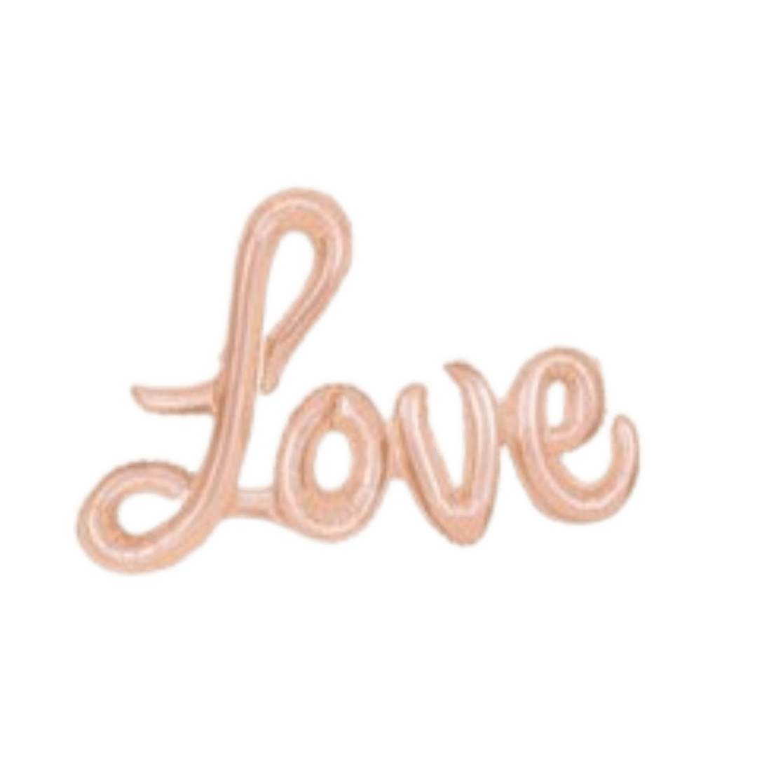 Rose gold 36in script Love foil balloon for romantic event parties – from Parte Haus party supply store in Bethesda, Maryland
