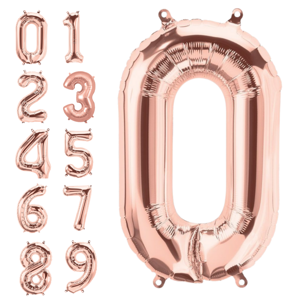Rose gold number foil balloons for birthday milestone from Parte Haus party supply store in Bethesda MD