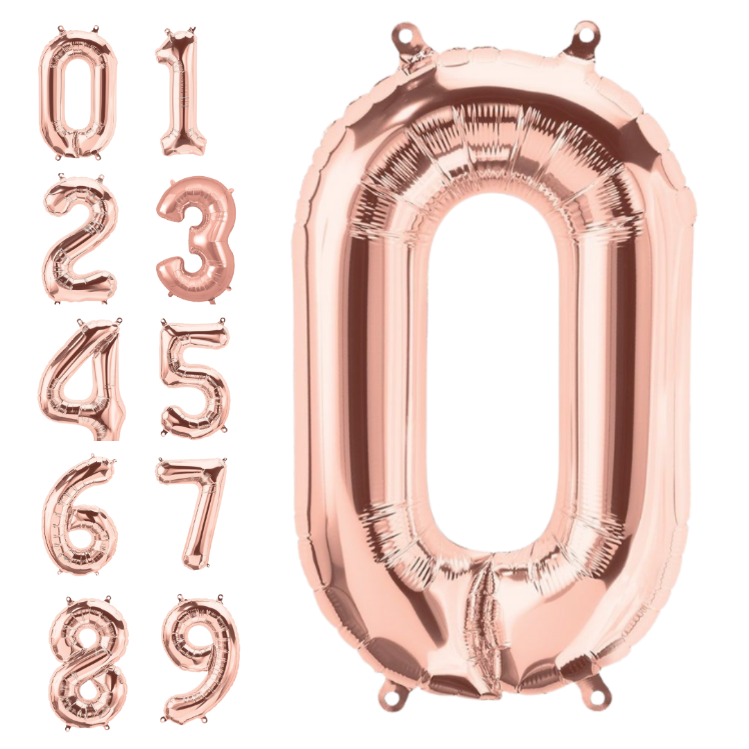 Rose gold number foil balloons for birthday milestone from Parte Haus party supply store in Bethesda MD