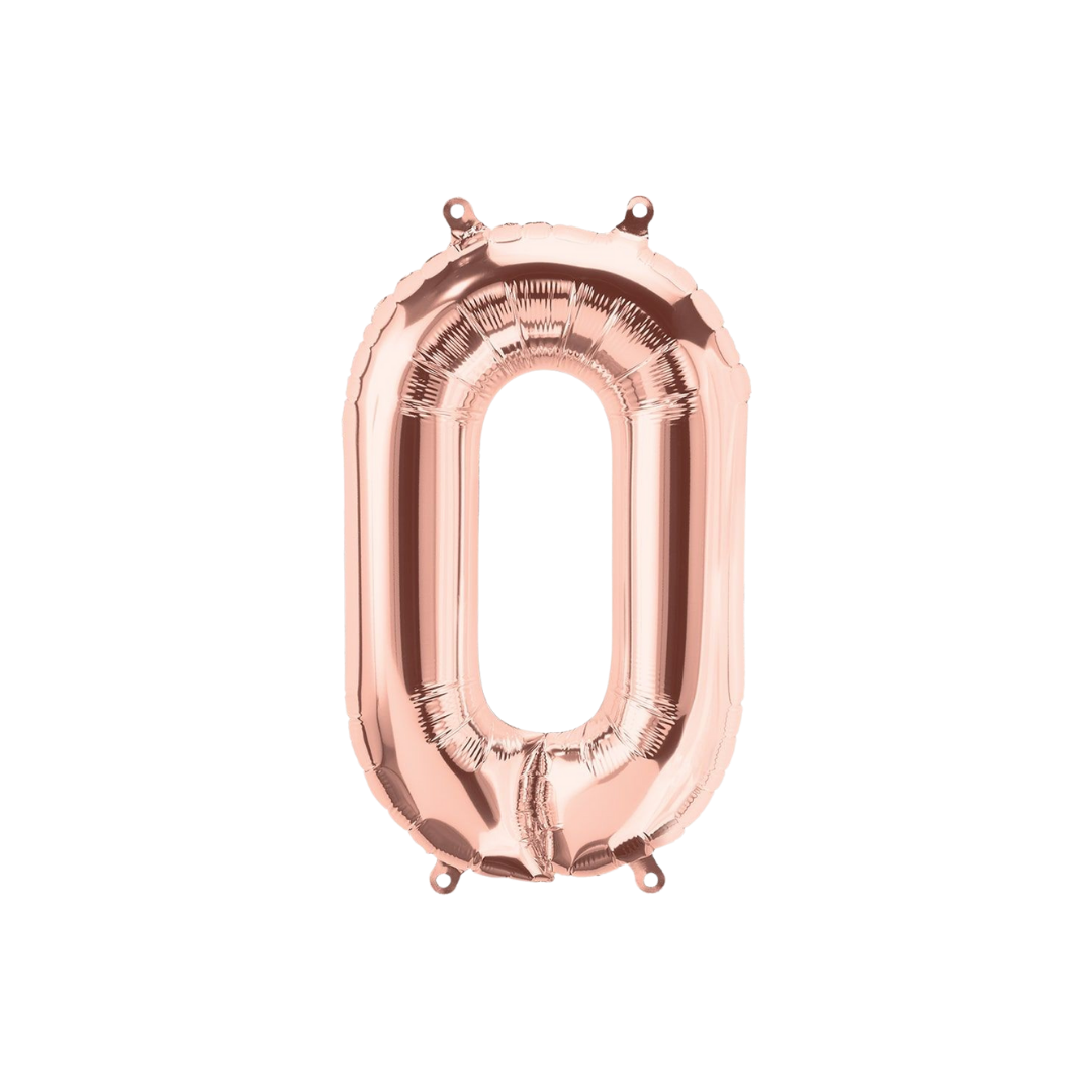 Rose gold 34in number 0 foil balloon for milestone birthdays and special celebrations – from Parte Haus party supply store in Bethesda, Maryland.
