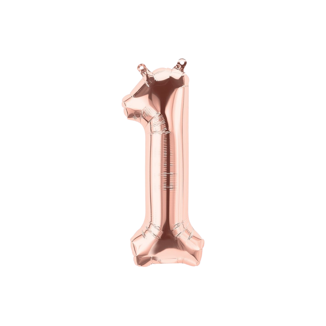 Rose gold number one foil balloon for birthday milestone from Parte Haus party supply store in Bethesda Maryland