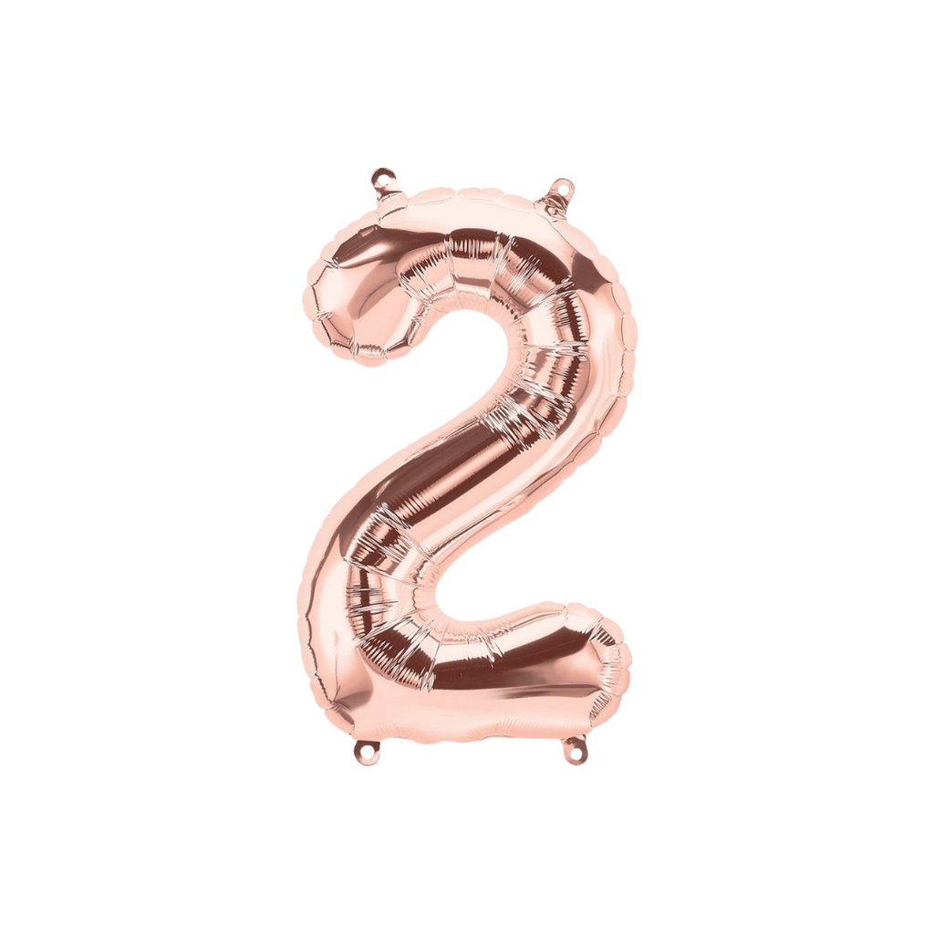 Rose gold number 2 foil balloon for birthday milestone from Parte Haus party supply store in Bethesda Maryland