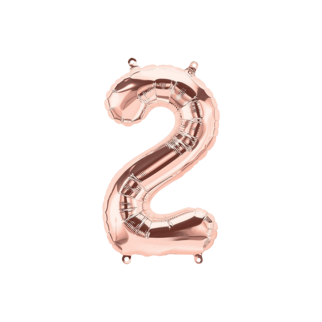 Rose gold 34in number 2 foil balloon for milestone birthdays and special celebrations – from Parte Haus party supply store in Bethesda, Maryland.