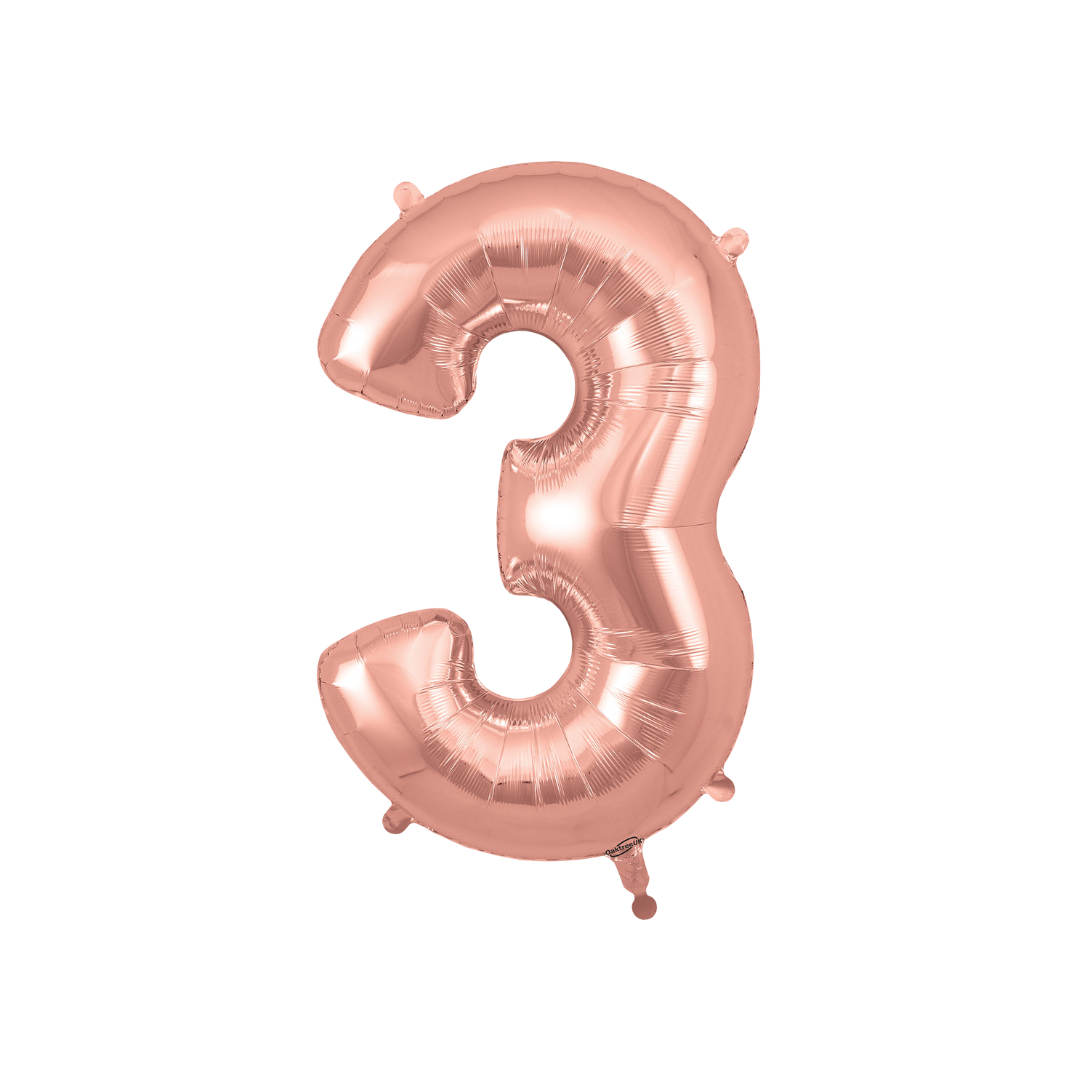 Rose gold 34in number 3 foil balloon for milestone birthdays and special celebrations – from Parte Haus party supply store in Bethesda, MD.