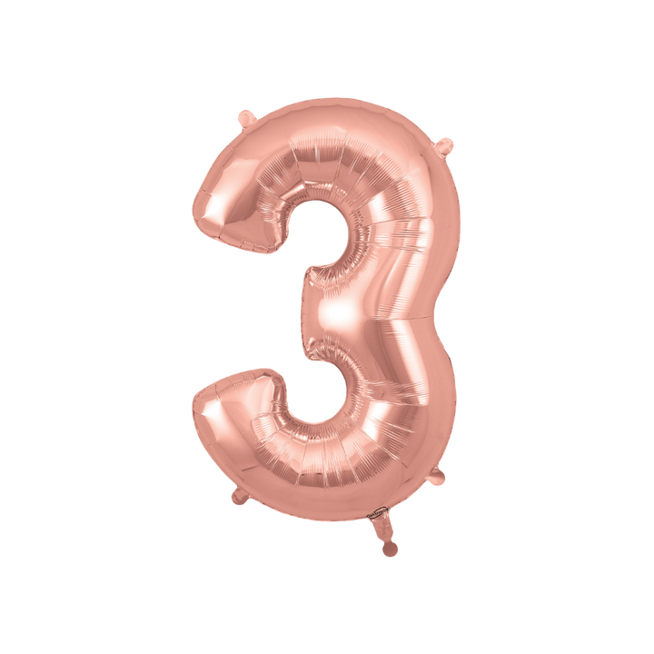 Rose gold 34in number 3 foil balloon for milestone birthdays and special celebrations – from Parte Haus party supply store in Bethesda, MD.