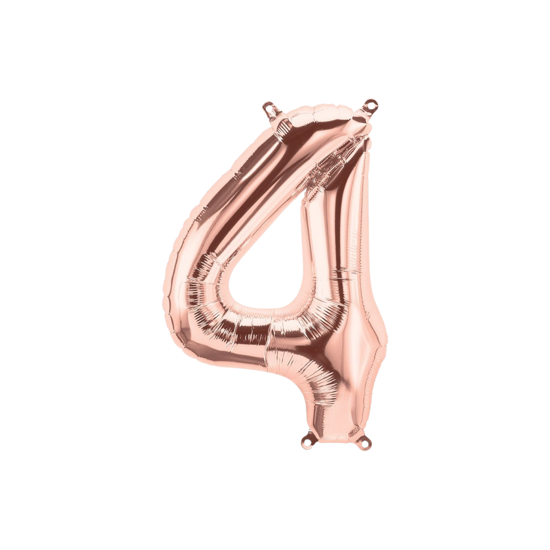 Rose gold number 4 foil balloon for birthday celebrations from Parte Haus party supply store in Bethesda Maryland