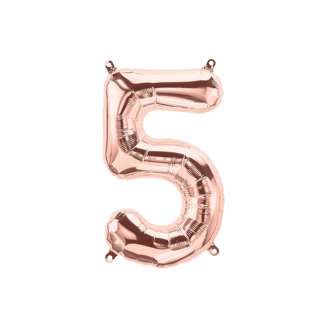 Rose gold 34in number 5 foil balloon for milestone birthdays and special celebrations – from Parte Haus party supply store in Bethesda, MD.