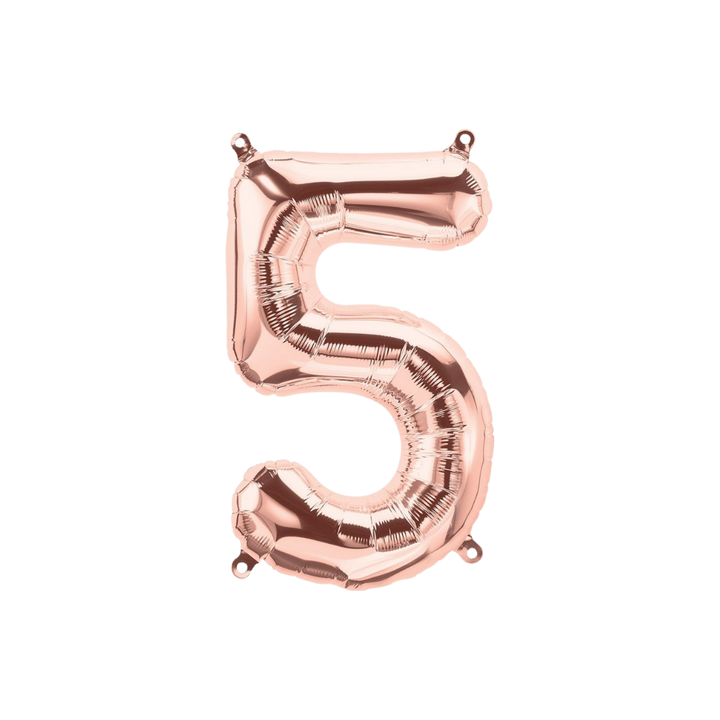 Rose gold 34in number 5 foil balloon for milestone birthdays and special celebrations – from Parte Haus party supply store in Bethesda, MD.