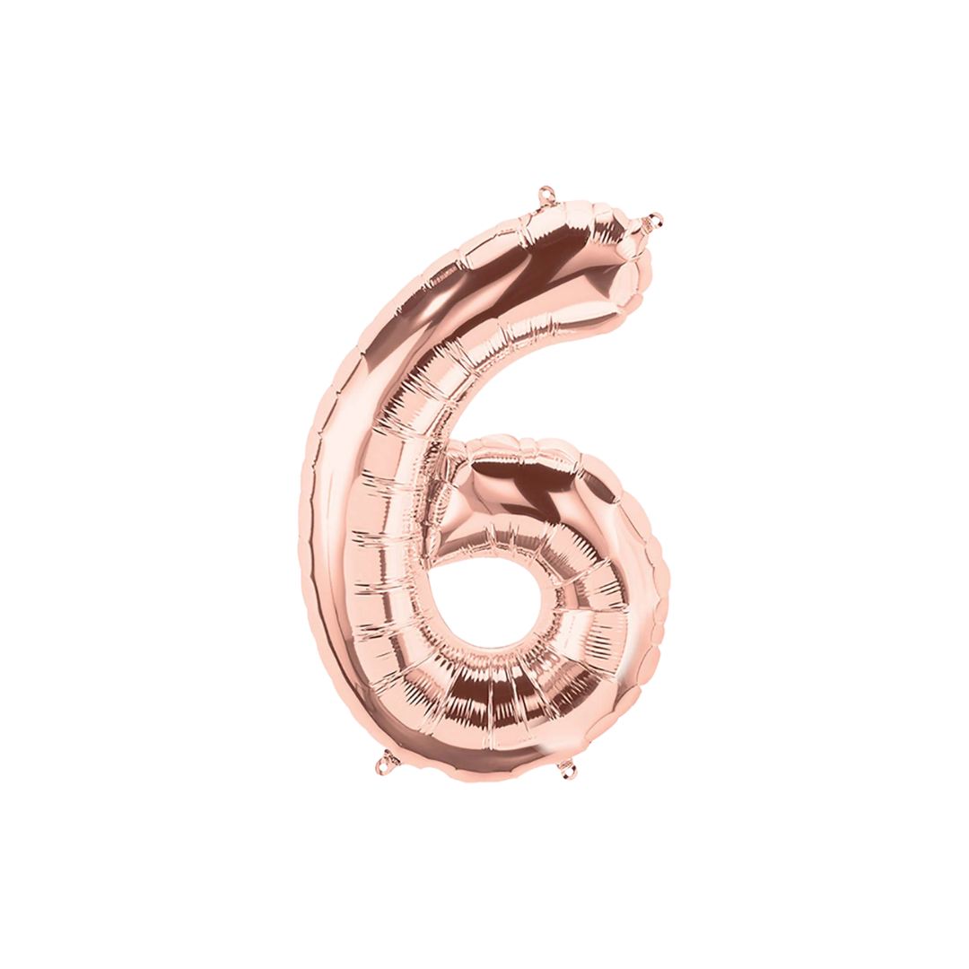 Rose gold 34in number 6 foil balloon for milestone birthdays and special celebrations – from Parte Haus party supply store in Bethesda, Maryland.