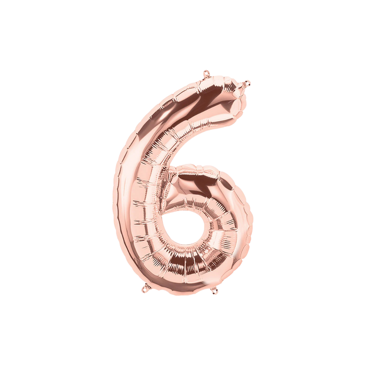 Rose gold 34in number 6 foil balloon for milestone birthdays and special celebrations – from Parte Haus party supply store in Bethesda, Maryland.