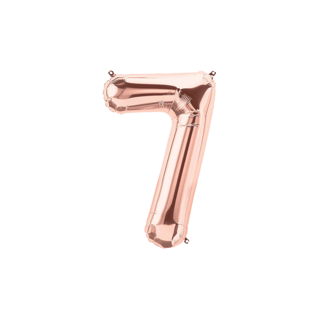 Rose gold 34in number 7 foil balloon for milestone birthdays and special celebrations – from Parte Haus party supply store in Bethesda, MD.