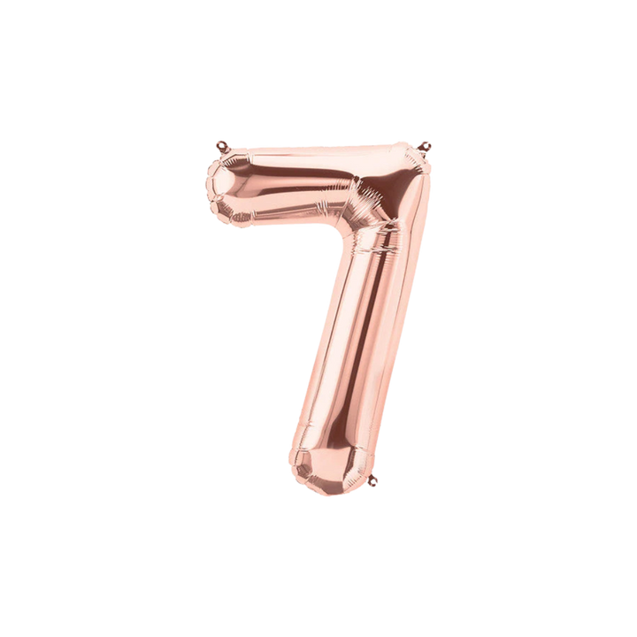 Rose gold 34in number 7 foil balloon for milestone birthdays and special celebrations – from Parte Haus party supply store in Bethesda, MD.