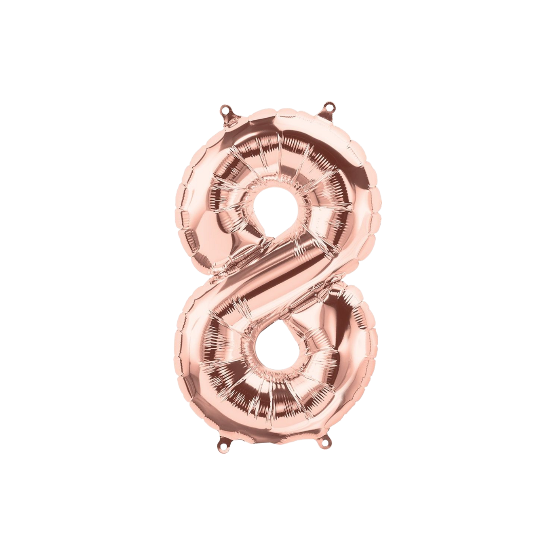 Rose gold number 8 foil balloon for birthday milestone from Parte Haus party supply store in Bethesda Maryland