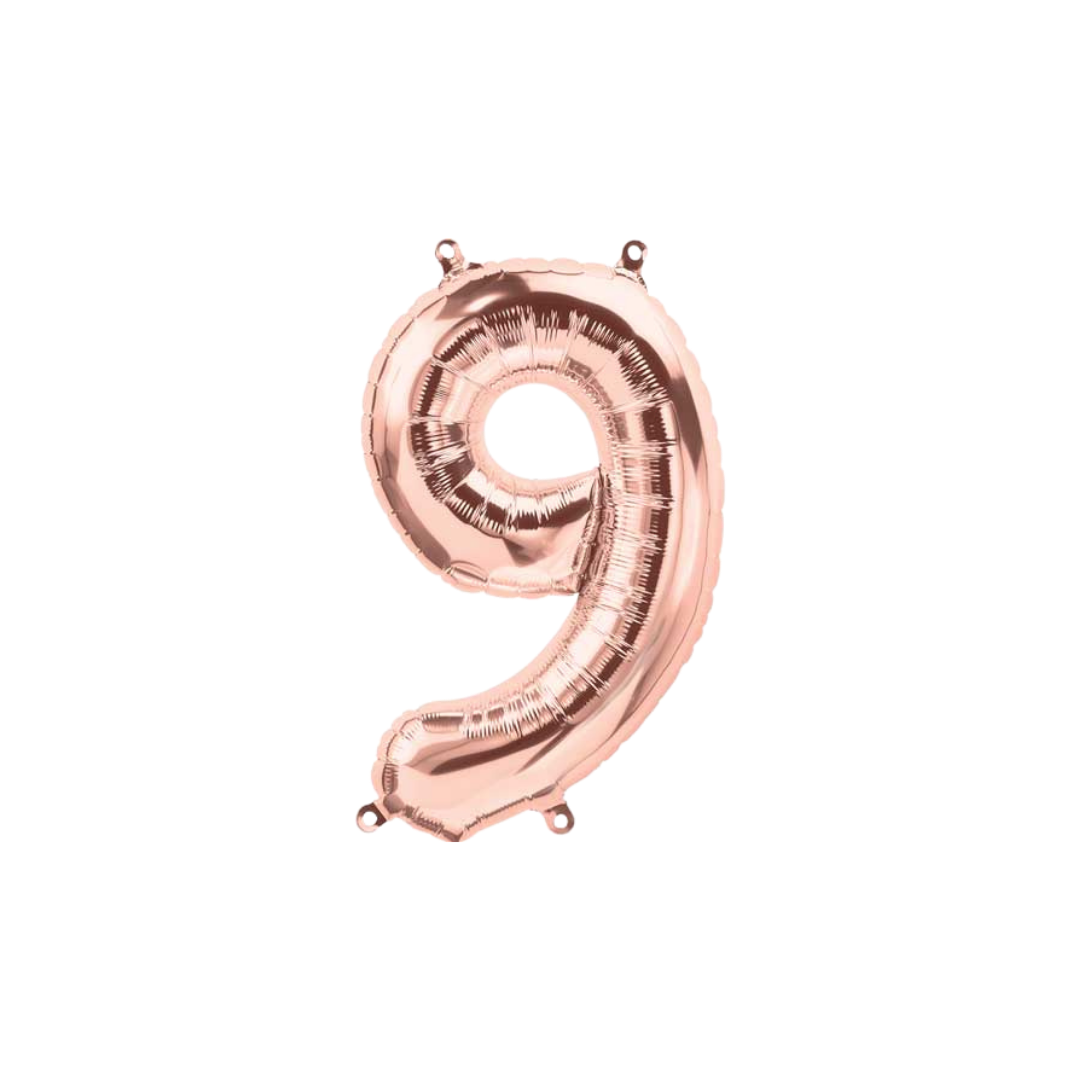 Rose gold 34in number 9 foil balloon for milestone birthdays and special celebrations – from Parte Haus party supply store in Bethesda, MD.