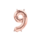 Rose gold number 9 foil balloon shiny birthday milestone decoration from Parte Haus party supply store in Bethesda MD