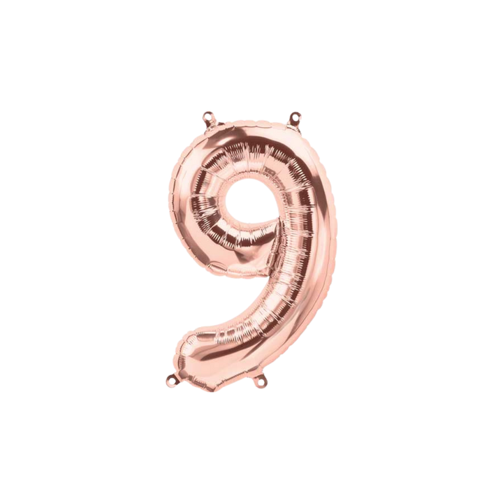 Rose gold 34in number 9 foil balloon for milestone birthdays and special celebrations – from Parte Haus party supply store in Bethesda, MD.