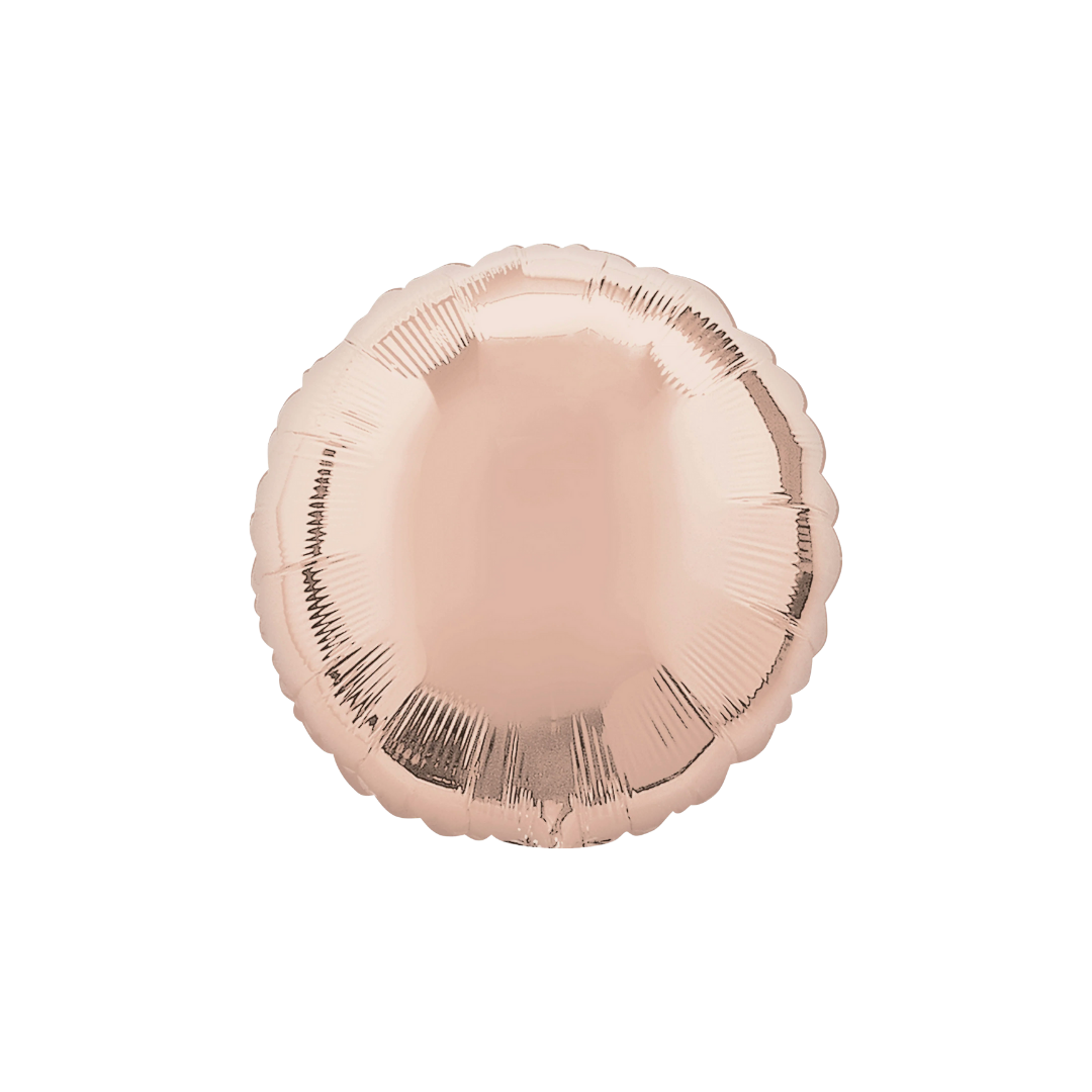 Rose gold 18in round foil balloon with a glossy finish for birthdays, weddings, and graduations – from Parte Haus party supply store in Bethesda, Maryland.