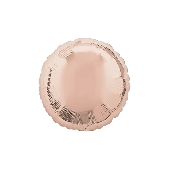 Rose gold 18in round foil balloon with a glossy finish for birthdays, weddings, and graduations – from Parte Haus party supply store in Bethesda, Maryland.