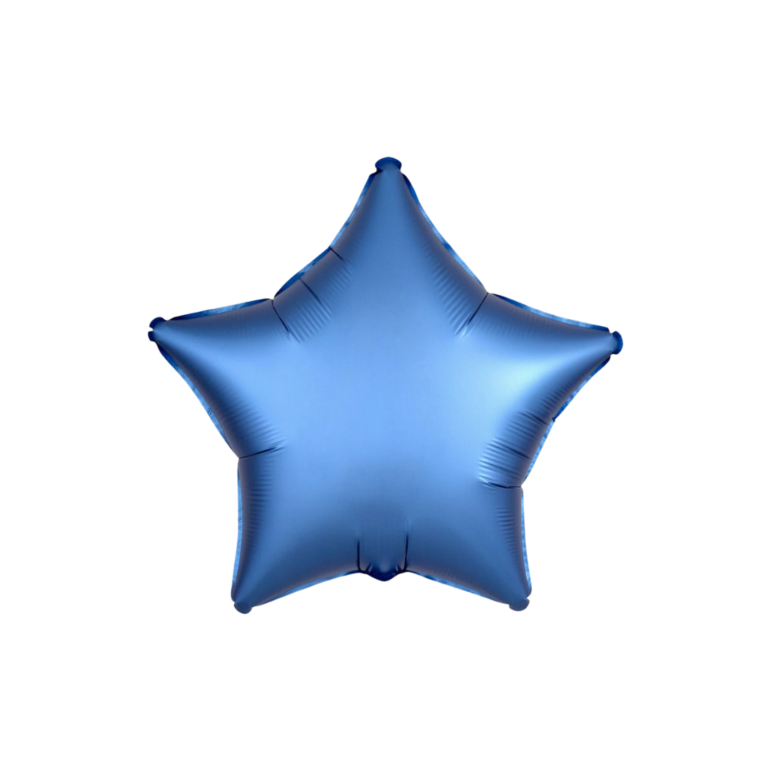 Satin blue 18in star foil balloon for birthdays, baby showers, and gender reveal parties – from Parte Haus party supply store in Bethesda, Maryland.