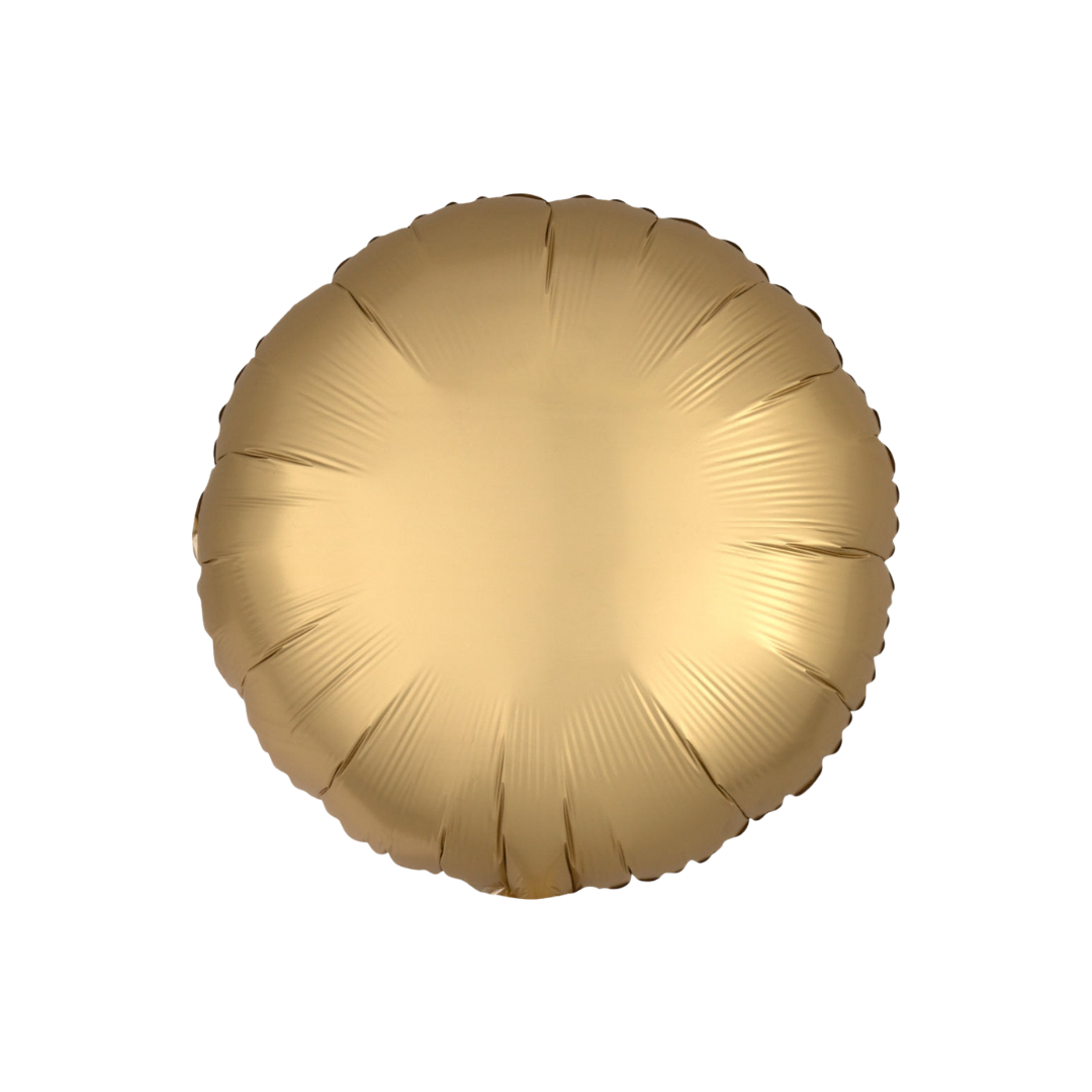 Satin gold round foil balloon with a shiny finish for celebrations from Parte Haus party supply store in Bethesda, Maryland.