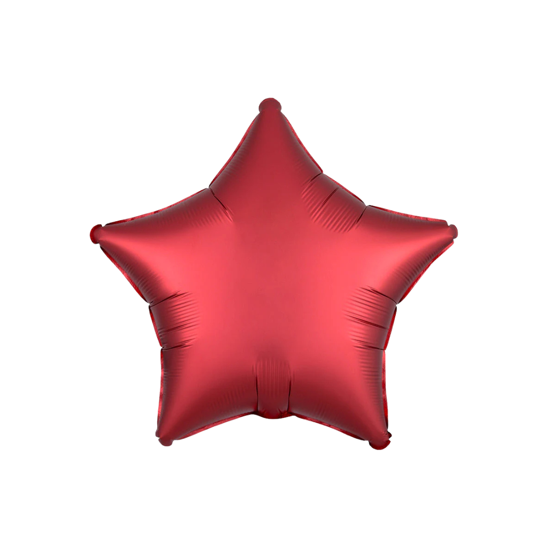 Satin red 18in star foil balloon for birthday and Christmas party décor – from Parte Haus party supply store in Bethesda, MD.