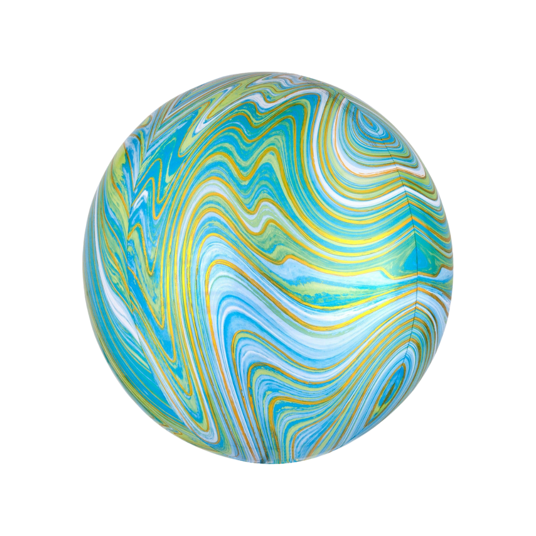 Seafoam green and blue 16in marble Orbz foil balloon for under-the-sea and ocean party – from Parte Haus party supply store in Bethesda, Maryland.
