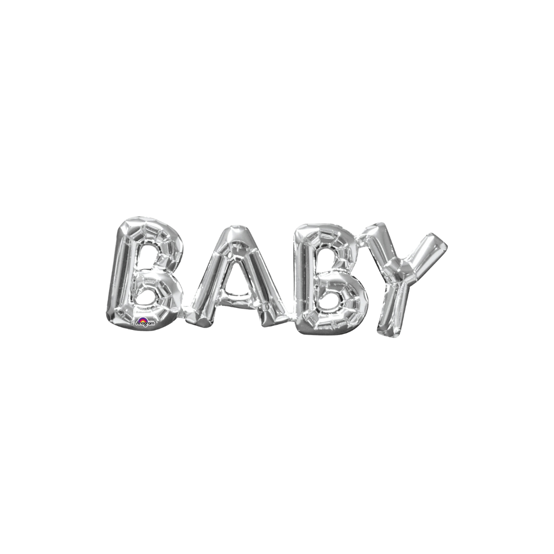 Silver 26in BABY letter foil balloon for baby shower or gender reveal parties – from Parte Haus party supply store in Bethesda, MD.