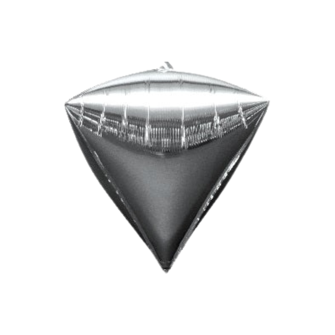 Silver diamond foil balloon with shiny finish for birthday or celebration from Parte Haus party supply store in Bethesda Maryland