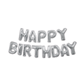 Silver happy birthday foil balloon banner birthday decoration from Parte Haus party supply store in Bethesda Maryland