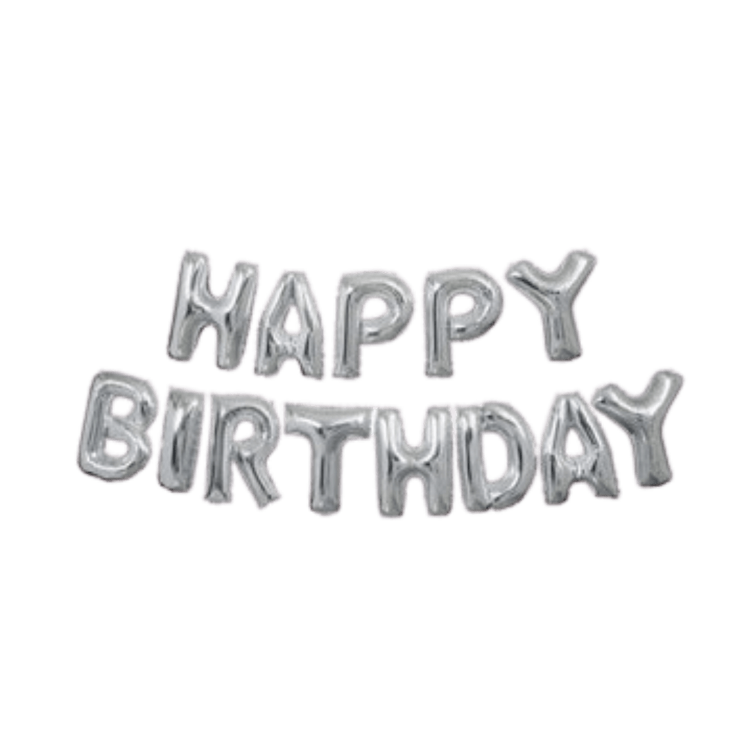 Silver happy birthday foil balloon banner birthday decoration from Parte Haus party supply store in Bethesda Maryland