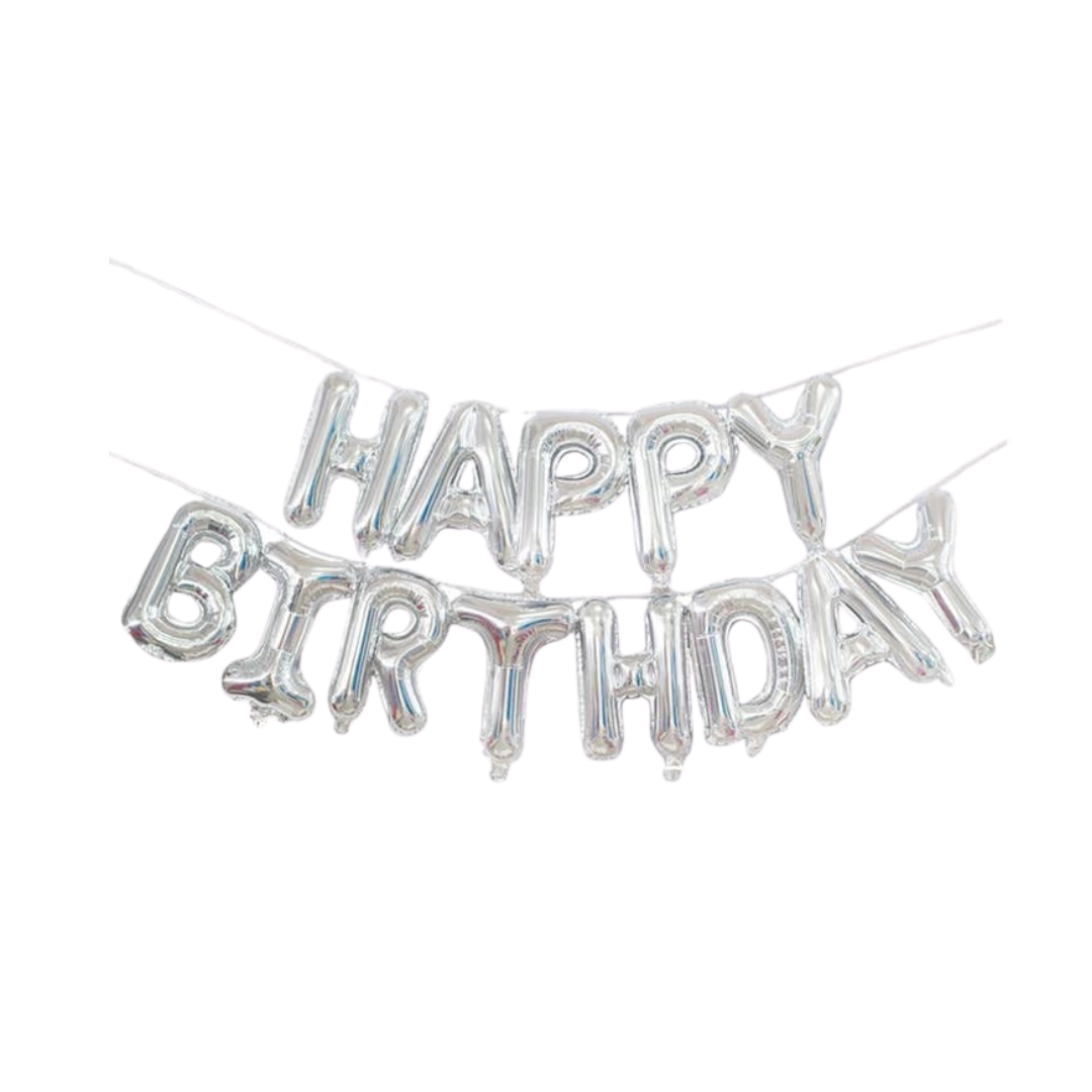 Silver happy birthday banner foil balloon for party décor from Parte Haus in Bethesda, MD.