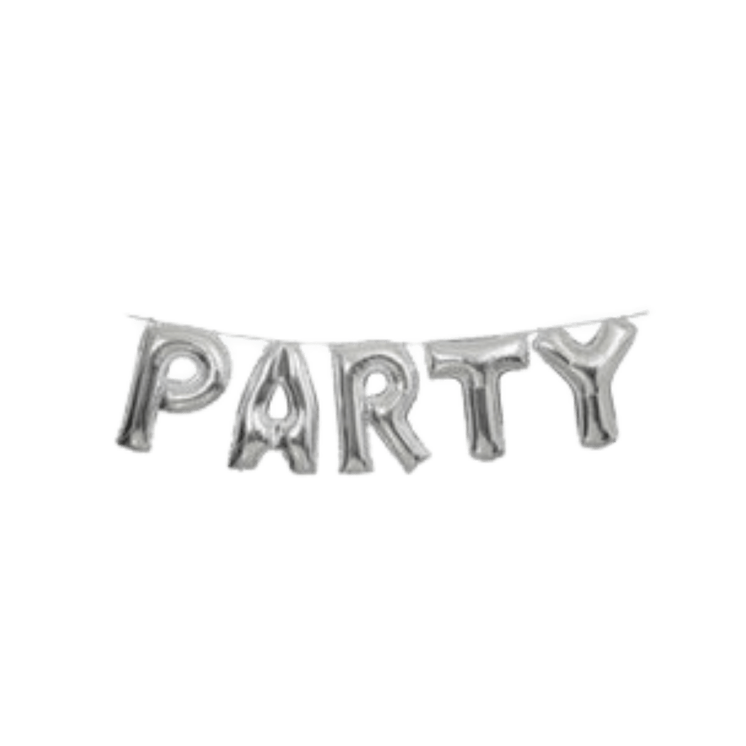 Silver foil balloon letter banner for celebration party from Parte Haus party supply store in Bethesda Maryland