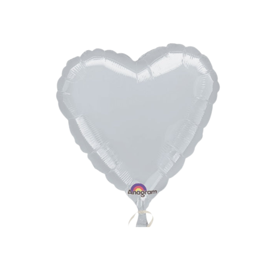 Silver 18in heart foil balloon for weddings and parties – from Parte Haus party supply store in Bethesda, Maryland.