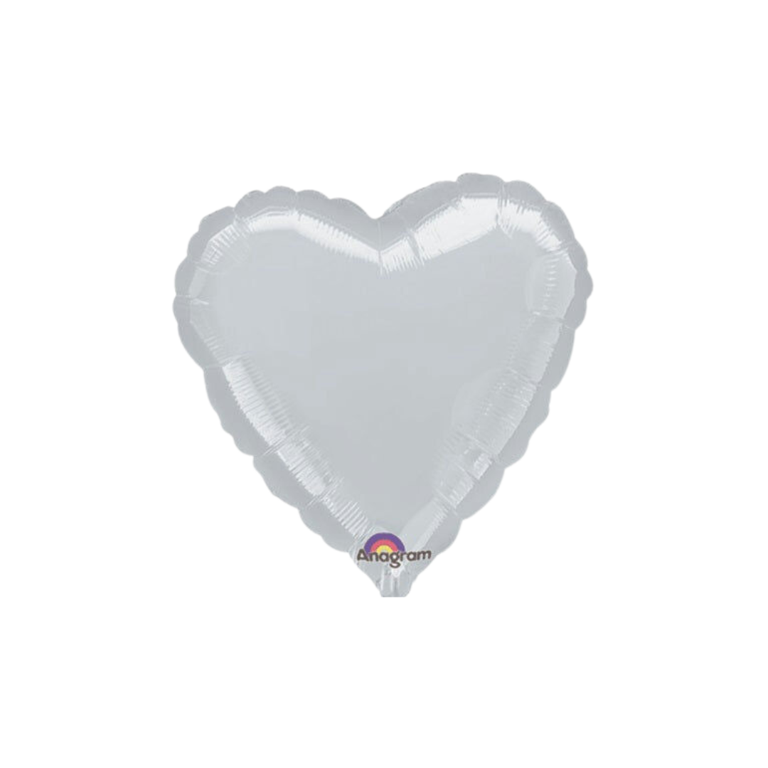 Silver 18in heart foil balloon with shiny finish for wedding or birthday parties – from Parte Haus party supply store in Bethesda, MD.