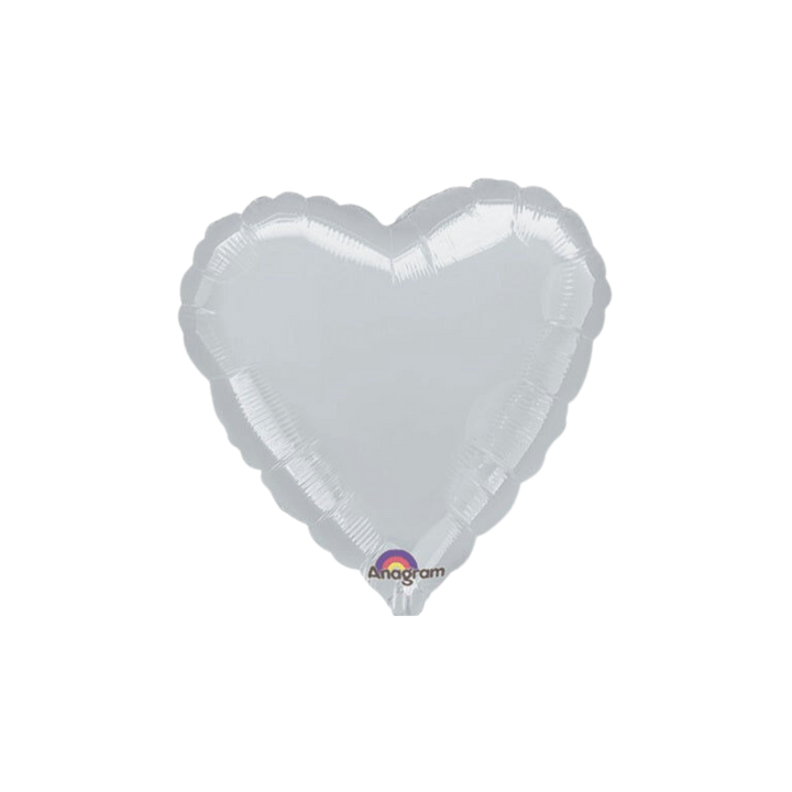 Silver 18in heart foil balloon with shiny finish for wedding or birthday parties – from Parte Haus party supply store in Bethesda, MD.