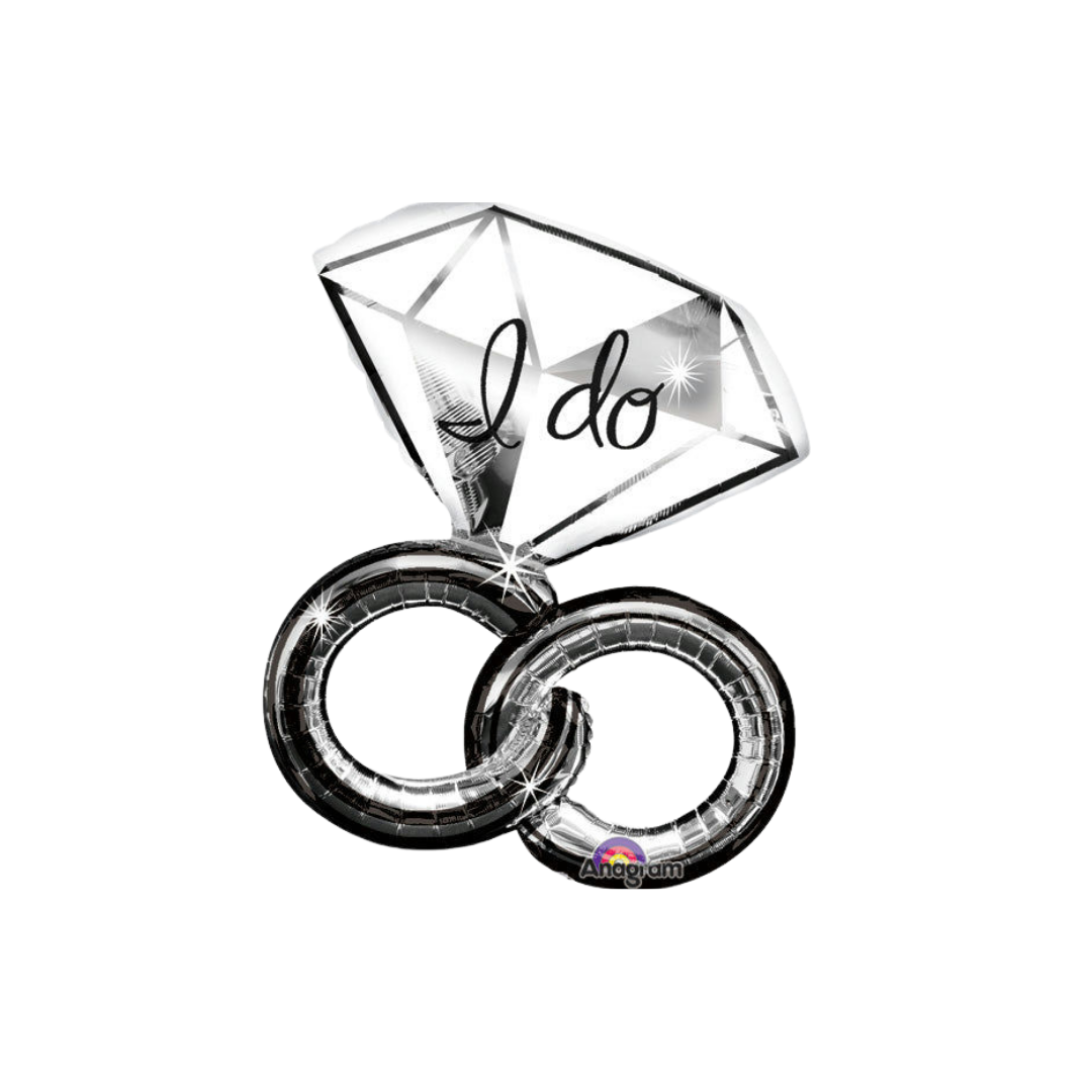 Silver wedding ring shaped foil balloon with I do text for bridal shower from Parte Haus party supply store in Bethesda MD