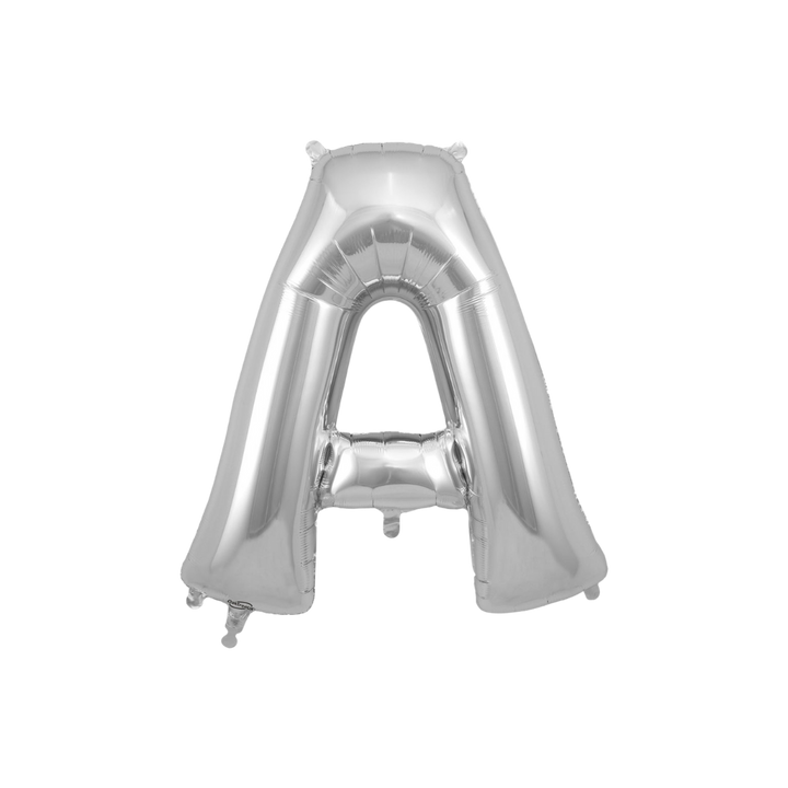 Silver 34in letter A foil balloon for birthday parties – from Parte Haus party supply store in Bethesda, MD.