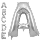 Silver letter foil balloon in A to E shapes birthday celebration from Parte Haus party supply store in Bethesda MD.