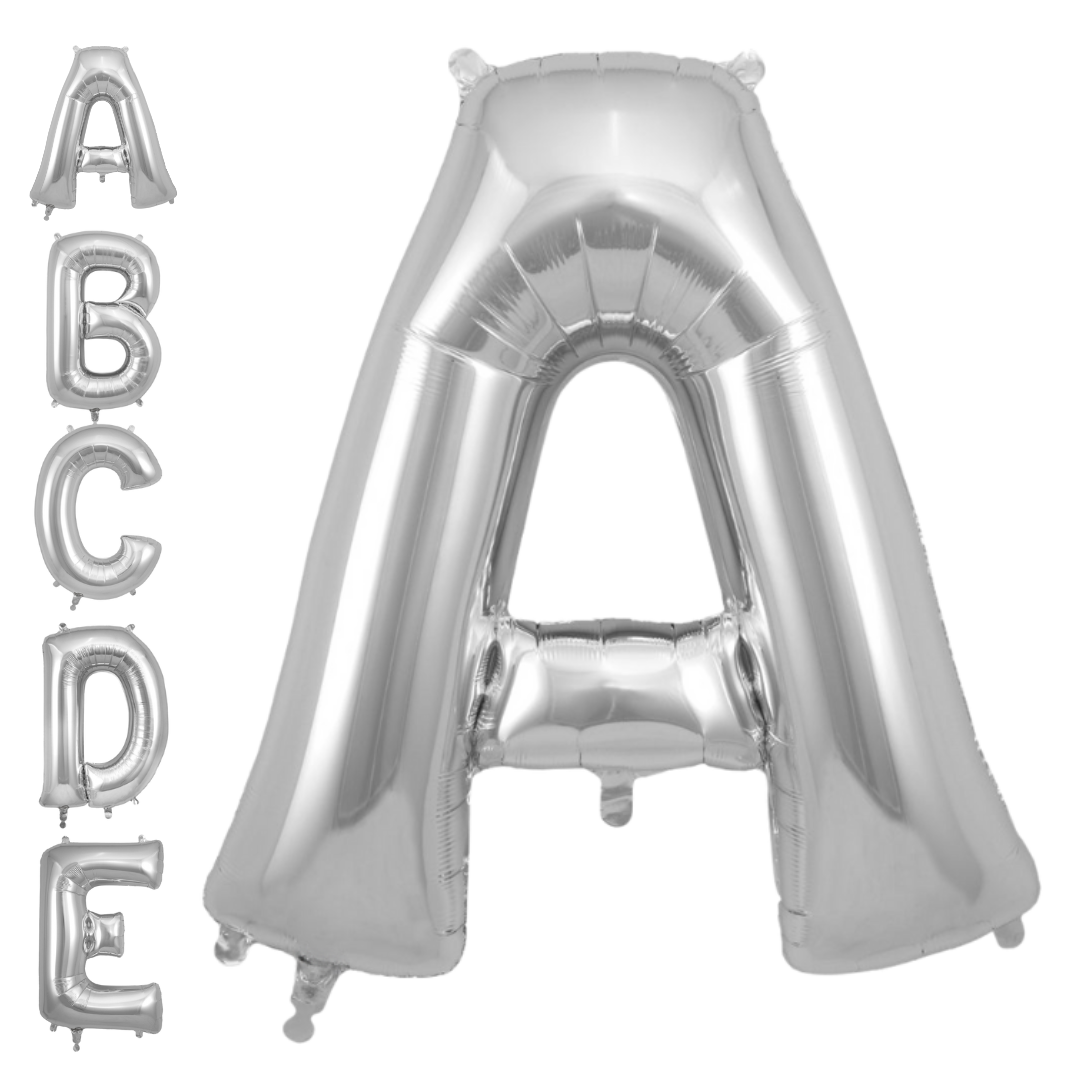 Silver letter foil balloon in A to E shapes birthday celebration from Parte Haus party supply store in Bethesda MD.