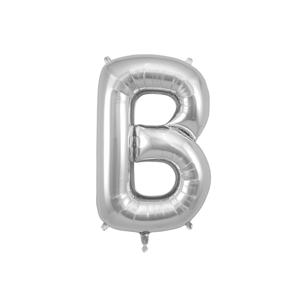 Silver letter B foil balloon for birthday celebration from Parte Haus party supply store in Bethesda Maryland