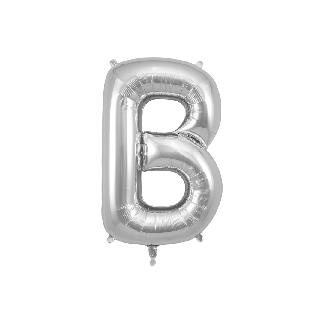 Silver 34in letter B foil balloon for birthday parties – from Parte Haus party supply store in Bethesda, Maryland.