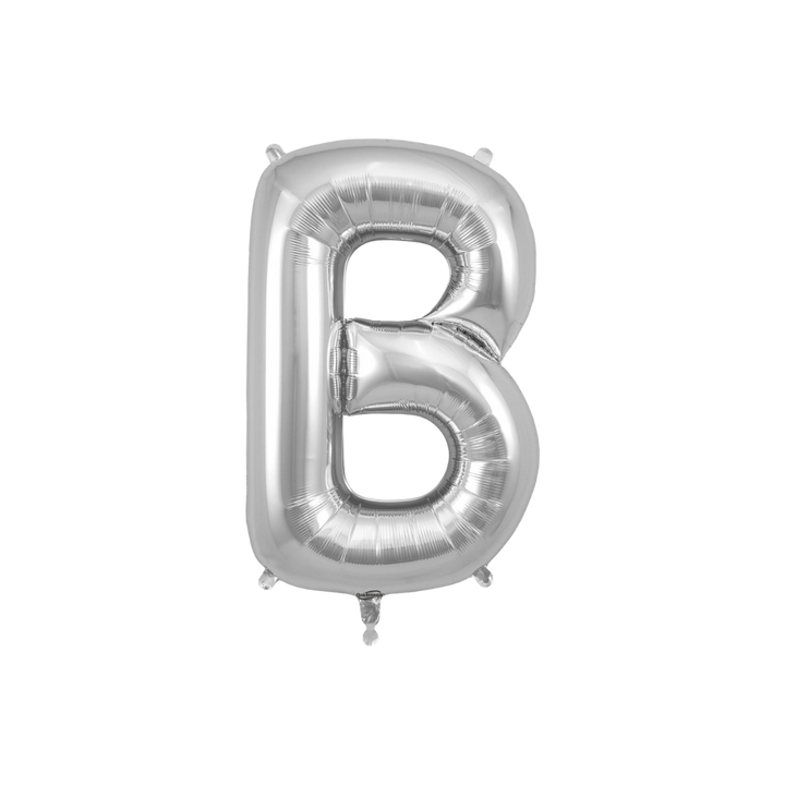 Silver 34in letter B foil balloon for birthday parties – from Parte Haus party supply store in Bethesda, Maryland.