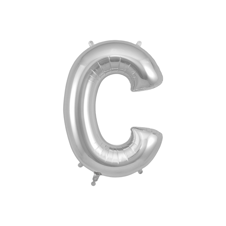 Silver 34in letter C foil balloon for birthday parties – from Parte Haus party supply store in Bethesda, Maryland.