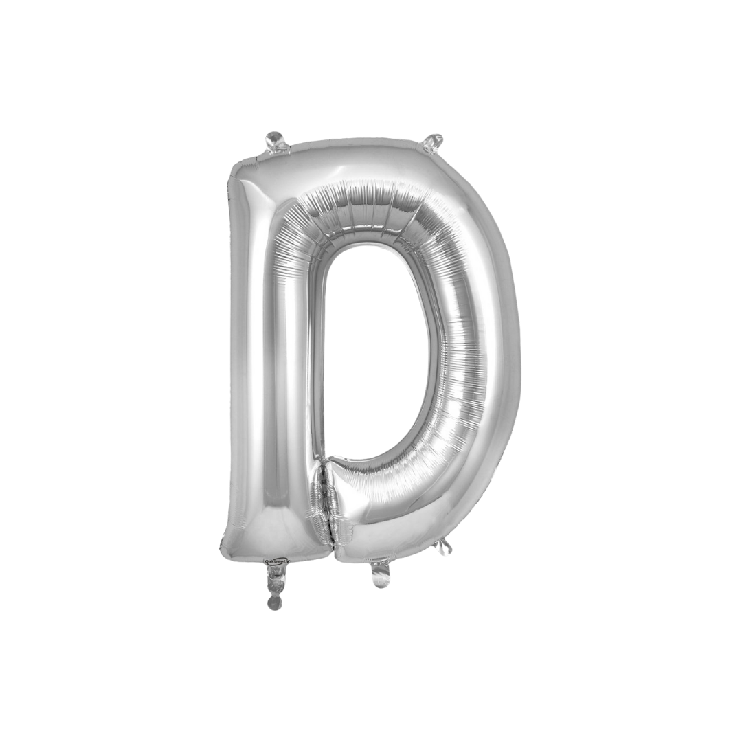 Silver 34in letter D foil balloon for birthday parties – from Parte Haus party supply store in Bethesda, Maryland.
