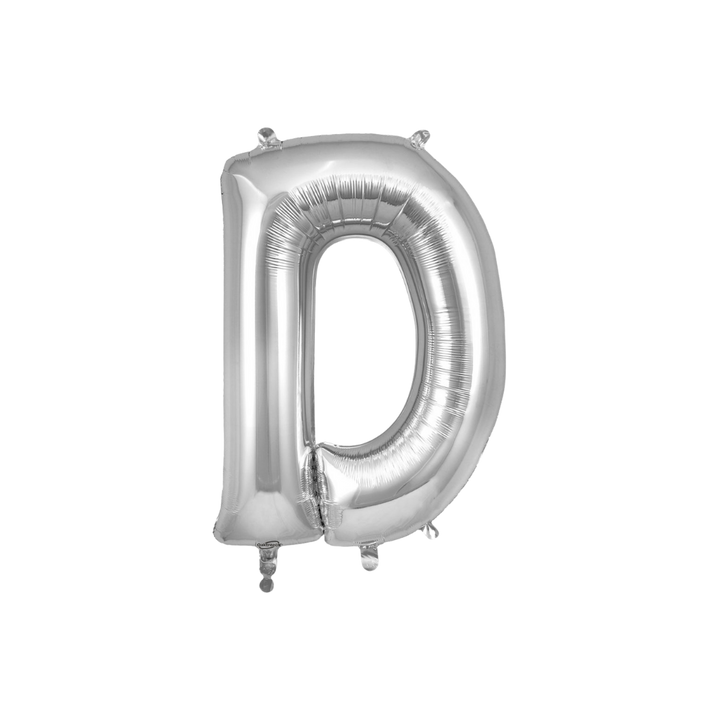 Silver 34in letter D foil balloon for birthday parties – from Parte Haus party supply store in Bethesda, Maryland.